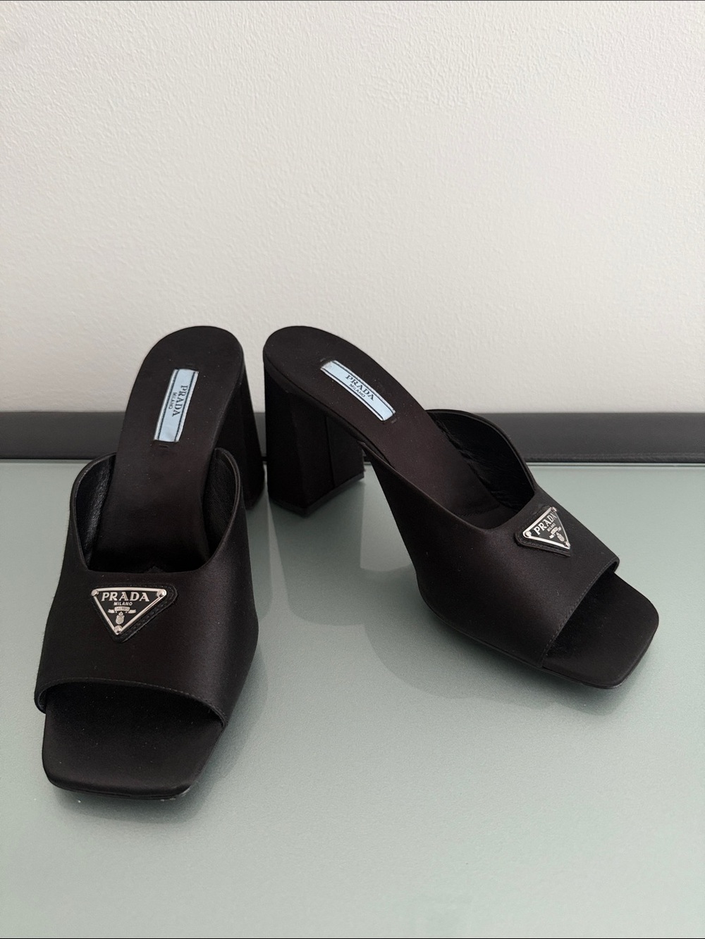 Prada Black Satin Logo Mule Heels with Silver Plaque Size 38